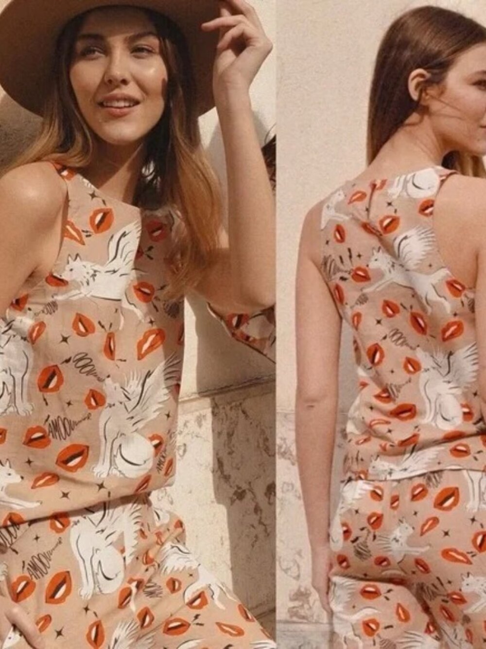 Sleeveless Beige Graphic Print Tank Top with Orange Lip Motif